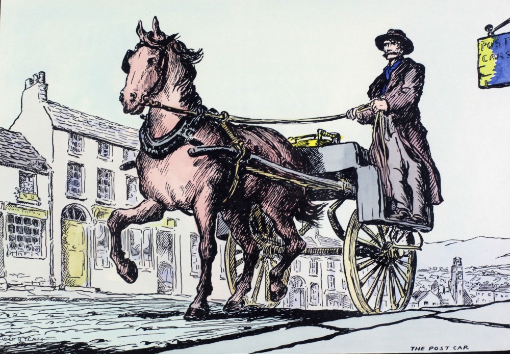 After Jack B. Yeats "The Post-Car," hand coloured print, approx.