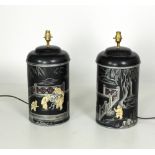 A pair of Chinese decorated Tea Bins, converted to Lamps decorated in typical Chinese design.