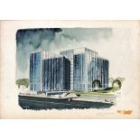 Brian Halloran Watercolour: Sketch of proposed Civic Offices, Wood Quay, Dublin, signed on board,