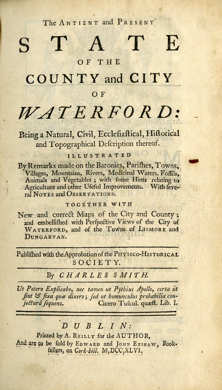 Smith (Chas.) The Ancient and Present State of the County and City of Waterford, 8vo D. 1746.