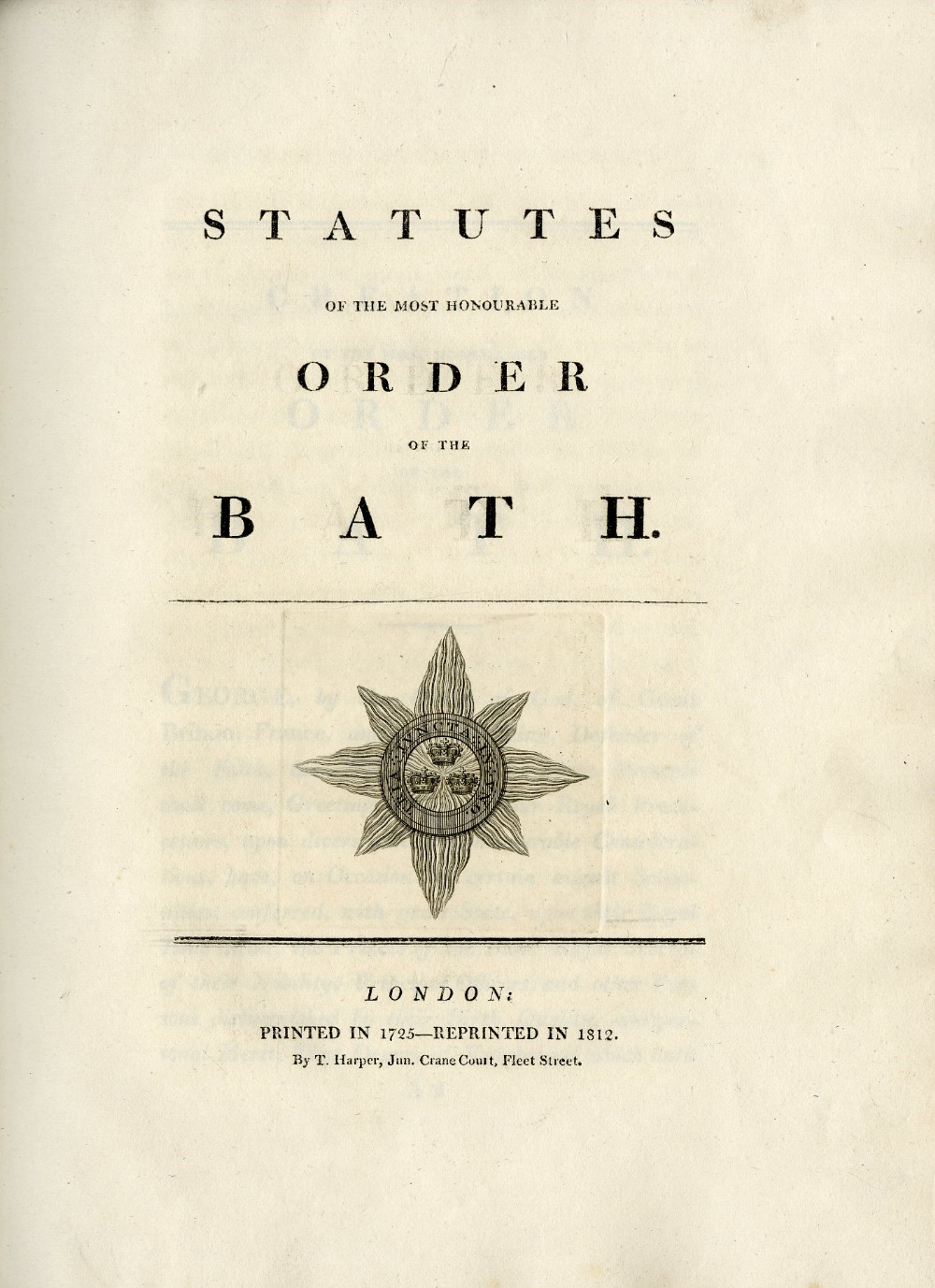 Binding: Statutes of the Most Honourable Order of the Bath, 4to L. 1812. Title with engd.