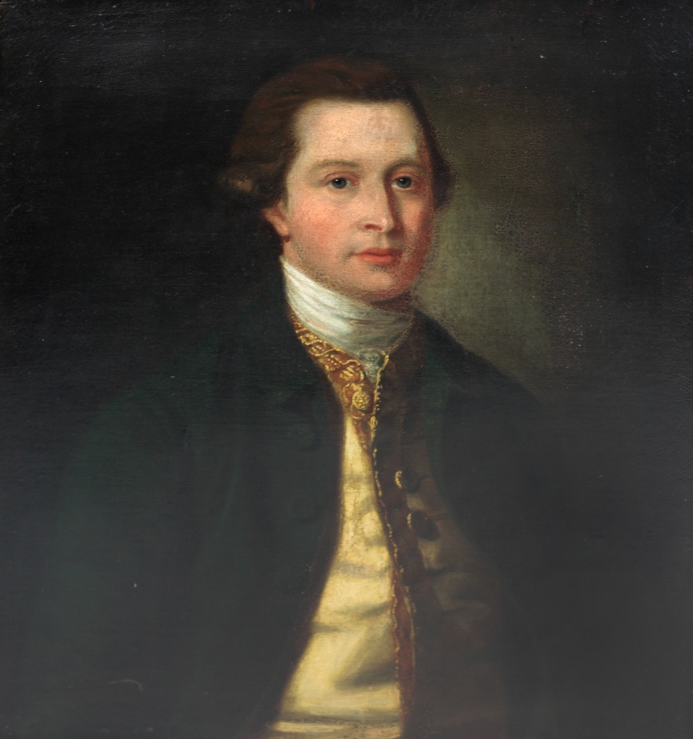 18th Century English School "Portrait of a Gentleman with green velvet jacket and gold embroidered