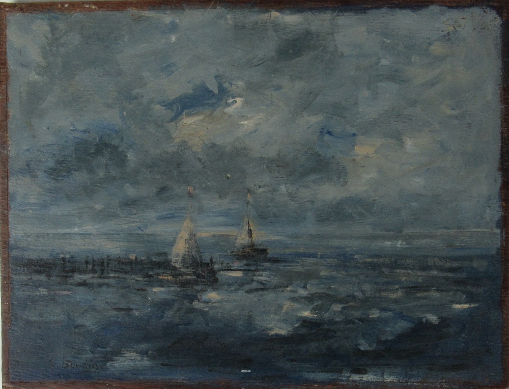 Style of Eugene Boudin - French (1824 - 1898) "Coastal Scene with boats," O.O.P., approx.