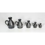 A very good set of 5 early 19th Century Irish pewter graduating Haystack Measures, by Austen & Son,