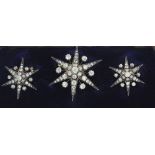 A delightful suite of three Victorian diamond studded Star Brooch Pendants,