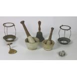 Box: Two Mortars & Pestles, a brass Hand Bell, some parts of lamps etc.