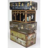 Vintage Luggage: A collection of 5 large leather and brass bound Steam Ship Compartmental Suitcases,