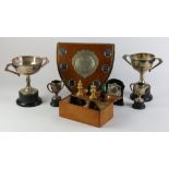 A collection of small Trophies, two plaques, and a Chess Set, w.a.f., as a lot.