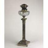 A tall 19th Century silver plated Table Lamp, in the Corinthian style with cutglass bowl,