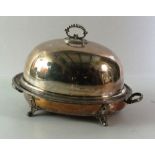 A large Kings pattern silver plated Dish Cover on original stand, with beaded rim on scroll legs.
