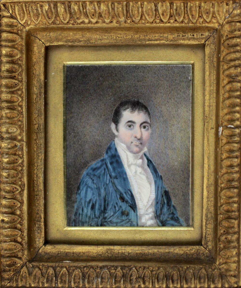 19th Century Irish School "Miniature Portrait of Patrick Shannon," gentleman in blue coat,