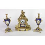 A 19th Century English gilt bronze and painted porcelain Clock Garniture,