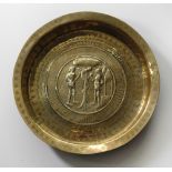 A very good heavy German brass deep Alms Dish, probably 16th Century,