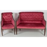 An Edwardian two piece Parlour Suite, with Settee and single Chair, inlaid mahogany frame,