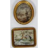 A rare late 18th Century small oval picture on silk, "River Scene with boats and tree in foreground,