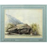John Crampton, (1805 - 1886) "Luggelaw," watercolour, depicting figures by a rock in landscape,