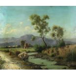 19th Century Italian School "Extensive Mountainous Landscape with Figures by a River," O.O.C.