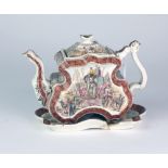 An unusual 19th Century painted English porcelain rectangular shaped Teapot on stand,