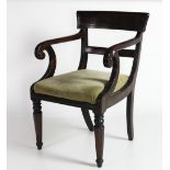 A heavy Regency period mahogany Carver Armchair, with reeded frame, tapering front legs,