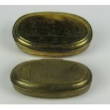 A large Dutch 18th Century oval brass Tobacco Box, with engraved lid and base, inscribed, 12.
