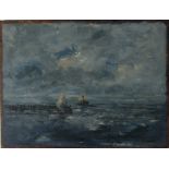 Style of Eugene Boudin - French (1824 - 1898) "Coastal Scene with boats," O.O.P., approx.
