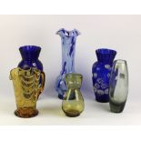 A pair of hand painted Bristol blue Vases, a tall Arts & Crafts type blue and white fleck Vase,