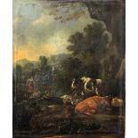 Attributed to Paul Potter (1625 - 1654) "Extensive Romantic Pastoral Scene, with figures, cattle,