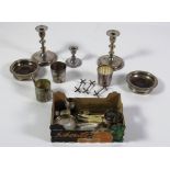 Box: Silver & Plateware - a small silver mounted tortoiseshell Table Clock, a silver Sugar Tongs,