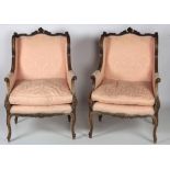 A pair of fine quality 19th Century French style carved walnut high back Armchairs,