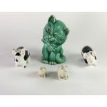 A black and white Wemyss Pig, a similar ditto missing leg, two Belleek Pigs,