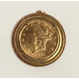 An American Twenty Dollar gold Coin, 1898 - with side profile of Lady Liberty on obverse,