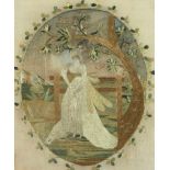 A very fine early 19th Century oval silk Needlework Picture of "Young Lady by a fence near a tree,