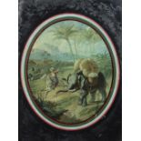 A rare coloured oval Print on glass depicting a Man on horseback directing an elephant with load on