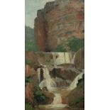 Pierre-Andre Brouillet, French (1857-1914) "Rocky Waterfall in French Landscape," O.O.C.