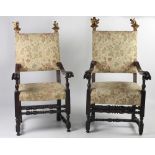 A very good matching set of 18th Century Spanish walnut and parcel gilt Wainscot Armchairs,