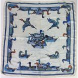 A Vintage "Hermes" Scarf, decorated with ducks in flight etc, coloured in cream, blue and green,
