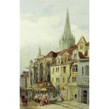 19th Century Continental School - Shaffer Watercolour: "Continental Street Scene with Cathedral in