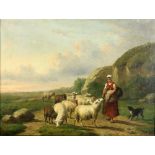 Louis Pierre Verwee (1807 - 1877) "Shepherdess with Sheep and Dog on a Country Road,