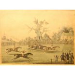 Hunting Prints: "The First Steeplechase on Record," set of 4, after Henry Alken; 6 others varied.