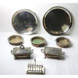 A very good box of varied 19th Century silver plated Items, trays, coasters, toast racks, mugs,