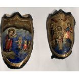 Two rare 18th Century Russian painted Icons, on reindeer skulls, c.