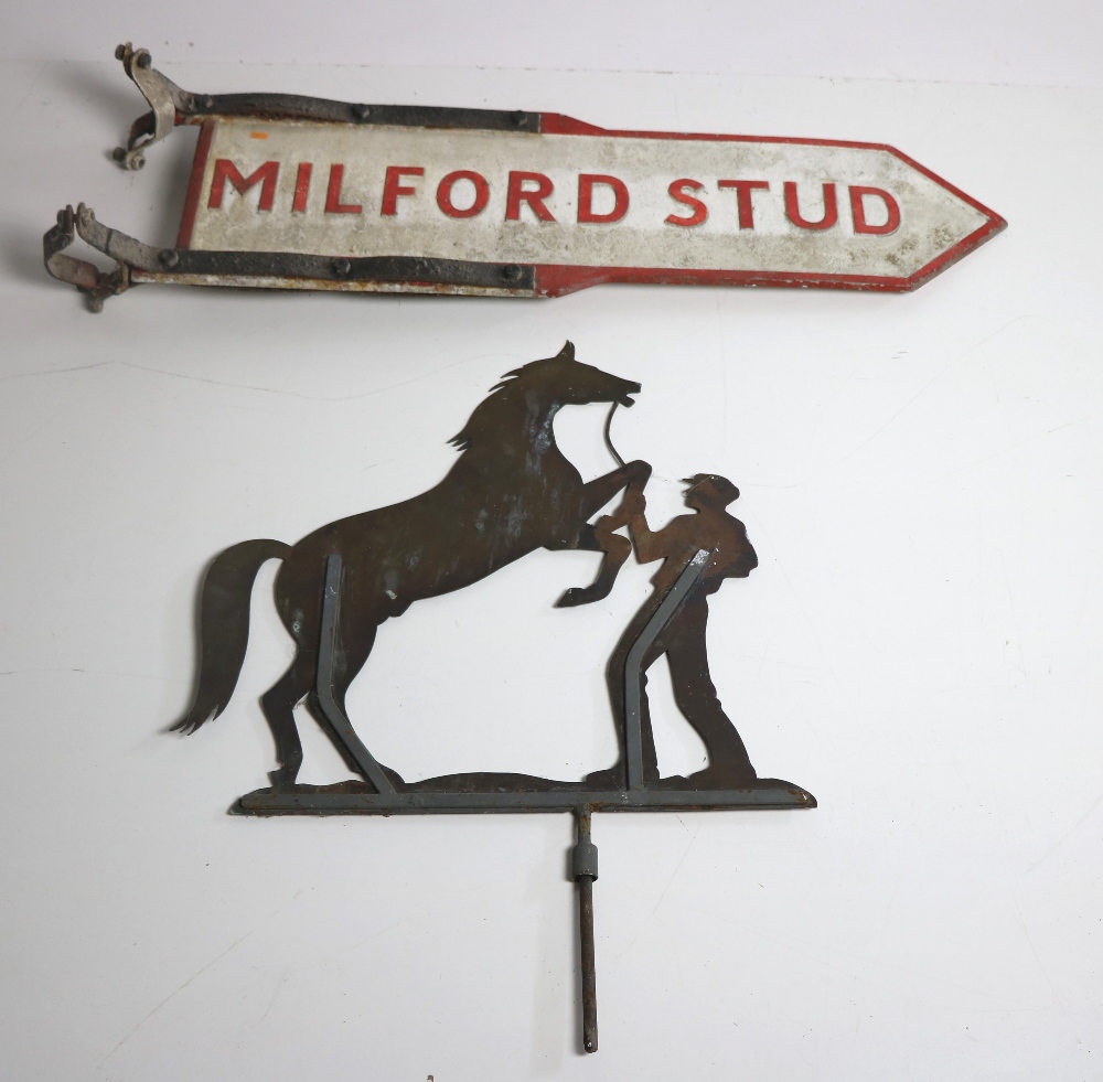 A copper Weather Vane, depicting a Horse and Groom, and a large cast iron Sign, "Milford Stud".