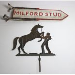 A copper Weather Vane, depicting a Horse and Groom, and a large cast iron Sign, "Milford Stud".