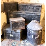A collection of 8 antique steel Deed and Military Boxes, some inscribed 'Alexander'. As a lot.