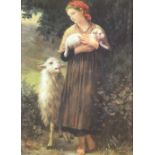 After William Adolphe Bouguereau "Innocence," O.O.B., depicting young girl with sheep, approx.