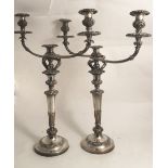 A fine tall pair of 19th Century three light two branch Candelabra, plated on copper,