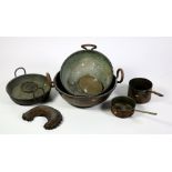 Five large antique copper Preserving Pots, some copper saucepans and jelly moulds, etc. good lot.