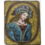 A 19th Century gilt and polychrome enamel Portrait Panel, depicting a Medieval Woman,