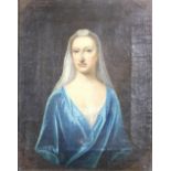 18th Century English School "Portrait of Lady Stanhope wearing veil and blue satin dress," O.O.C.