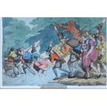After Thomas Rowlandson "Soldiers on a March," caricature print, contemporary hand colouring,